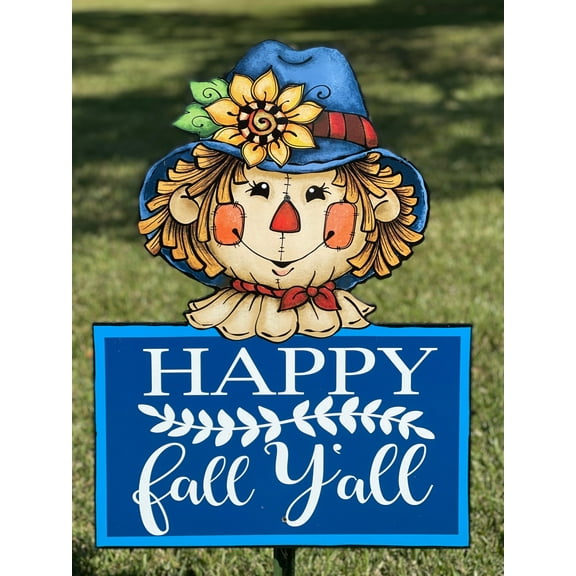 Scarecrow Face with Blue Happy Fall Y'all Sign Fall Yard Art Decoration