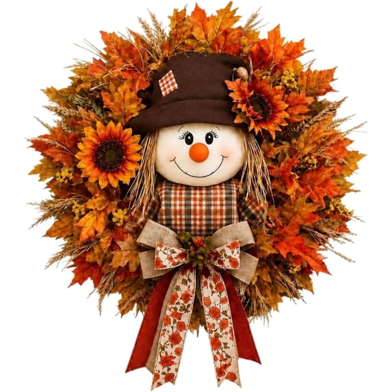 Scarecrow Fall Wreath for Front Door,Classic Style | Autumn Harvest Decor, Sunflower Maple Wreath,Farmhouse Burlap Bow & Leaf