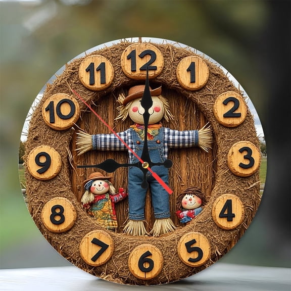 Scarecrow Family Hay Bale Clock Wall Decor 10-Inch Silent Wooden Wall Clock, Battery Operated (AA Batteries Not Included), Artistic Home Decor