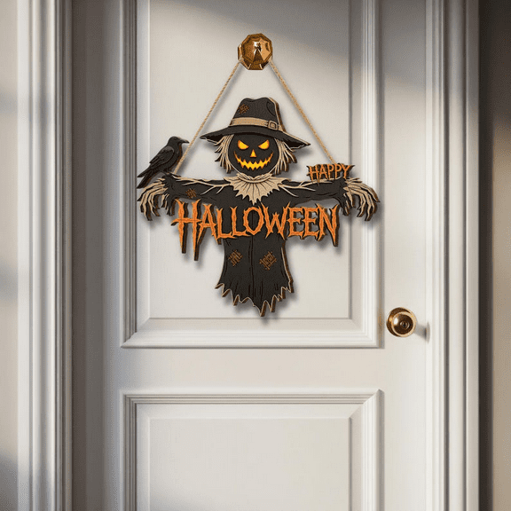 Scarecrow Halloween Door Hanger, Creepy Pumpkin Head & Rustic Spooky Porch Decor