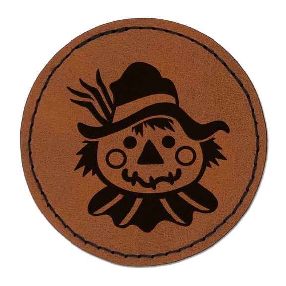 Scarecrow Head Fall Autumn 2.5" Faux Leather Round Engraved Iron-On Patch - Brown