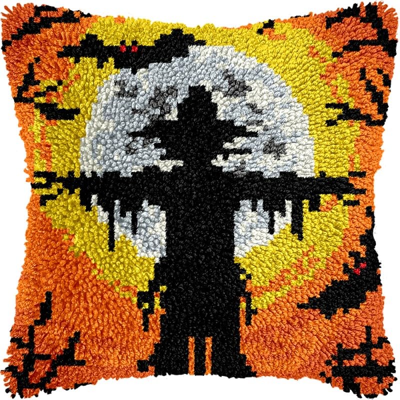 Scarecrow Latch Hook Pillow Kits Pillow Cover with Pattern Printed Canvas Crochet Cross Hooking Pillowcase Cushion Crafts Embroidery Latch Hooking Crochet Kits 17x17 inch(147)