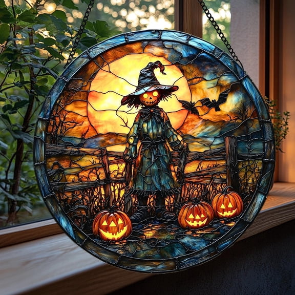 Scarecrow Pumpkin Field Acrylic Suncatcher - Halloween Faux Stained Glass Window Hanging With Bats & Full Moon, Halloween Home Decoration