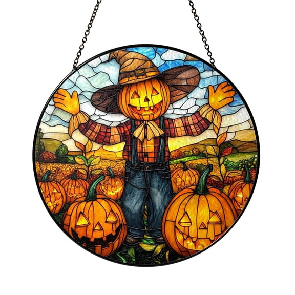 Scarecrow Pumpkin Patch Stained Glass Style Suncatcher Window Hanging Decor, Autumn Harvest Decorative Glass Panel Art Seasonal Window Ornament Fall Home Decor Gift