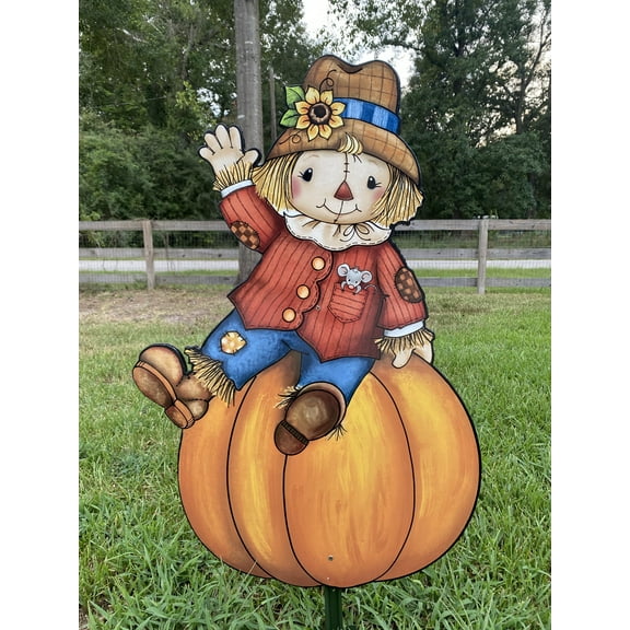 Scarecrow Sitting on Pumpkin Fall Yard Art