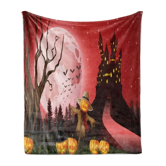 Scarecrow Soft Flannel Fleece Blanket, Halloween Themed Illustration with Haunted Chateau at Scary Atmosphere Pumpkins, Cozy Plush for Indoor and Outdoor Use, 50" x 70", Multicolor, by Ambesonne
