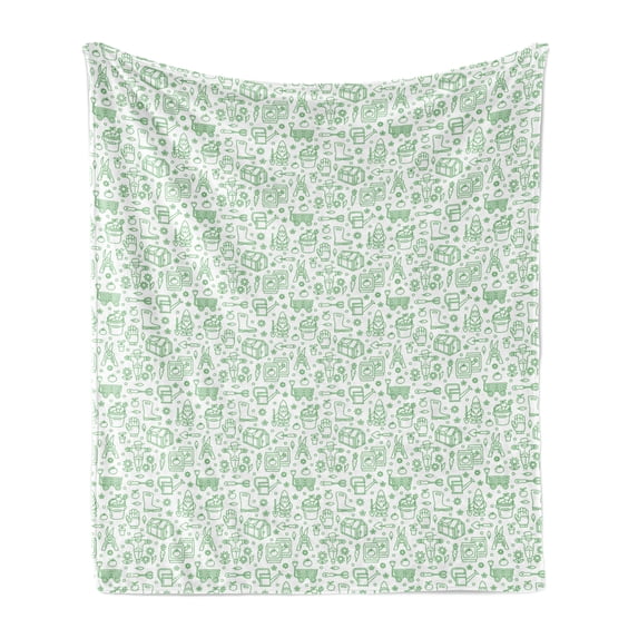Scarecrow Soft Flannel Fleece Throw Blanket, Countryside Themed Outline Pattern with Rural Gardening Themed Items, Cozy Plush for Indoor and Outdoor Use, 70" x 90", Fern Green White, by Ambesonne
