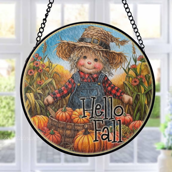 Scarecrow Stained Glass Suncatcher Metal Outdoor Decor Rustic Fall Vibrant Multi-Color