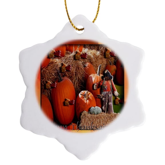 3drose, Scarecrow with Pumpkins, 3 inch Snowflake Porcelain Ornament