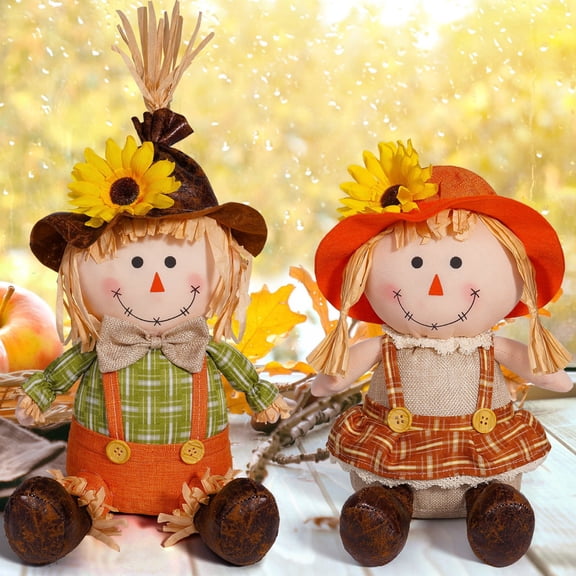 Scarecrows Dolls - Vintage Style Scarecrow with Sunflower Hat, Handmade Fall Decor for Thanksgiving Centerpiece, Autumn Harvest Shelf Sitter, Home Ornament