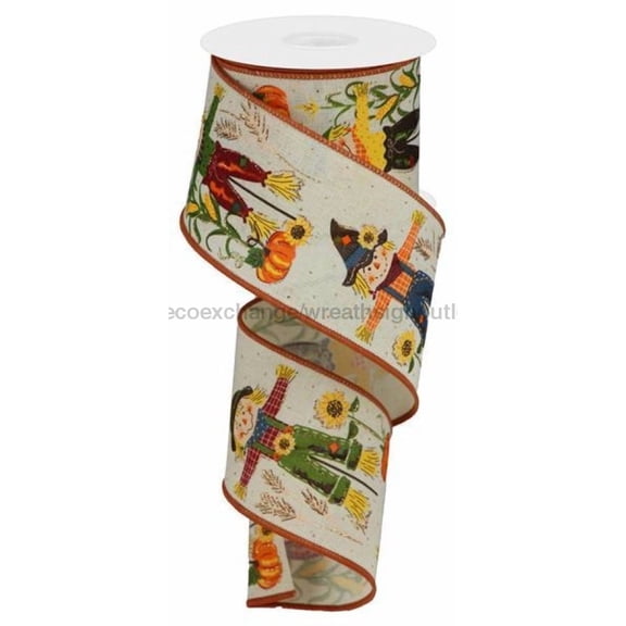 Scarecrows with Glitter on Canvas Wired Edge Ribbon, 10 Yards (Cream, 2.5")