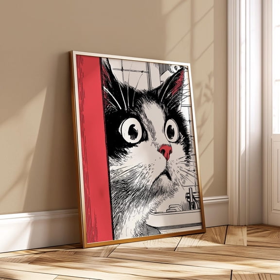 Scared Cat Comic Manga Style Red Black Bathroom Pet Lovers Art