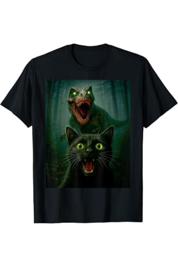 Scared Cat Selfie with Zombie T-Rex Dinosaur Halloween Day T-Shirt
