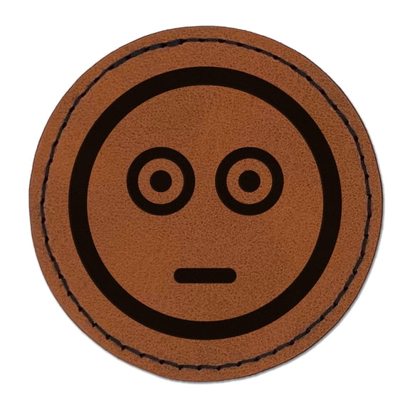 Scared Face Emoticon 2.5" Faux Leather Round Engraved Iron-On Patch - Brown