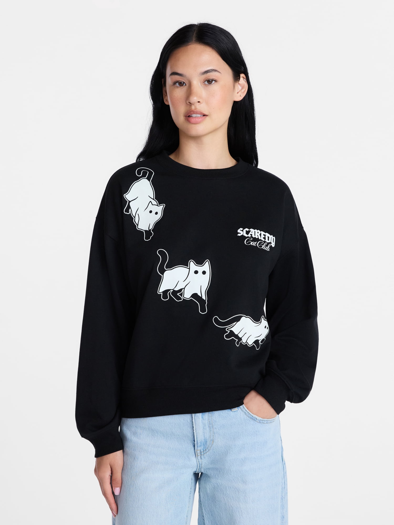 Scaredy Cat Club Women's Halloween Graphic Crew Pullover, Sizes XXS-XXL