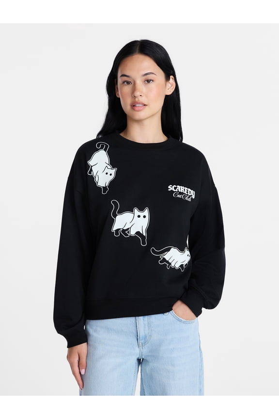 Scaredy Cat Club Women's Halloween Graphic Crew Pullover, Sizes XXS-XXL