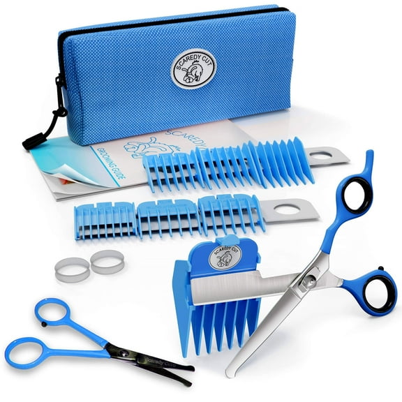 Scaredy Cut Silent Pet Grooming Kit Right-Handed Blue 4.5" Safety Scissor Included Quiet Alternative to Electric Clippers for Sensitive Cats & Dogs