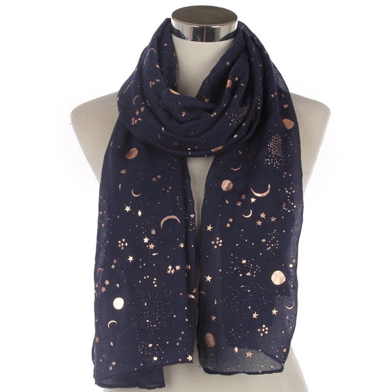 Scarf AURORADY Women Fashion Star Moon Foil Printed Scarf Wrap Silk Shawl Travel Scarves, Head Scarf for Women Navy