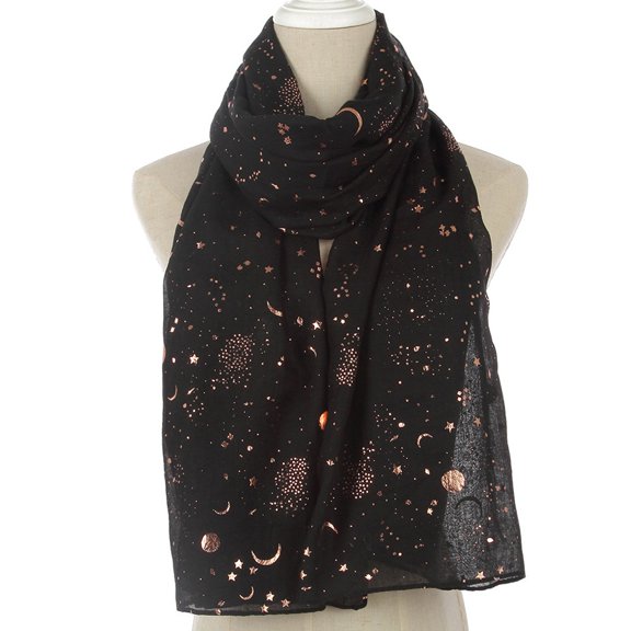 Scarf AURORADY Women Fashion Star Moon Foil Printed Scarf Wrap Silk Shawl Travel Scarves, Neckerchief for Women Black