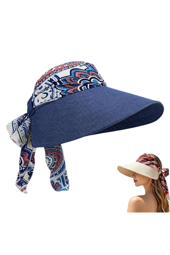 Scarf Accent Visor, Wide Brim Sun Hat with Integrated Scarf, Adjustable Lightweight Summer Beach Cap