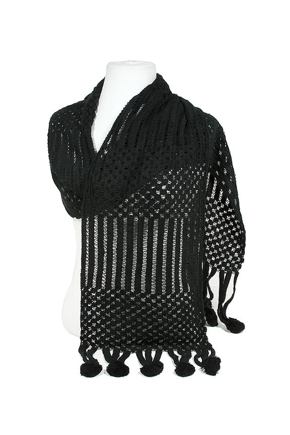 Scarf - Crochet w/Dangling Pompoms Scarf - Black Color – SF-S1278WM-BK-