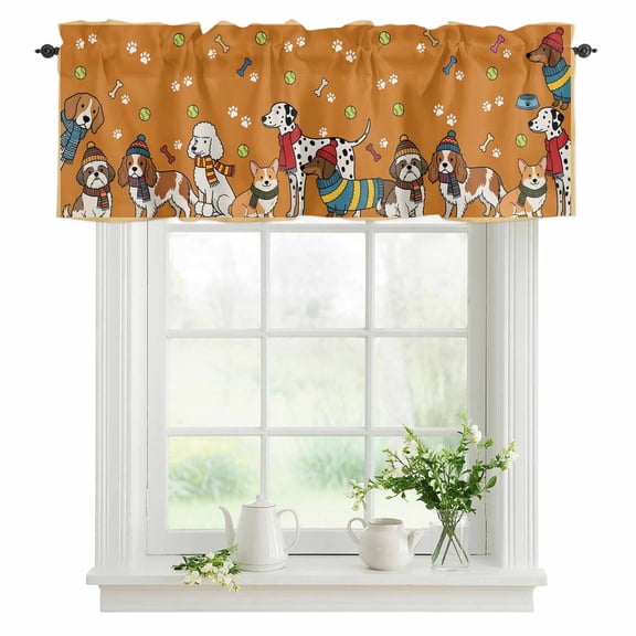 Scarf Dog Valances for Windows, Rod Pocket Kitchen Valance Curtains - Soft & Washable Small Window Treatment for Living Room, Bathroom, Puppy Animal Paw Print Tennis Ball Yellow 42x12inch, 1 Panel