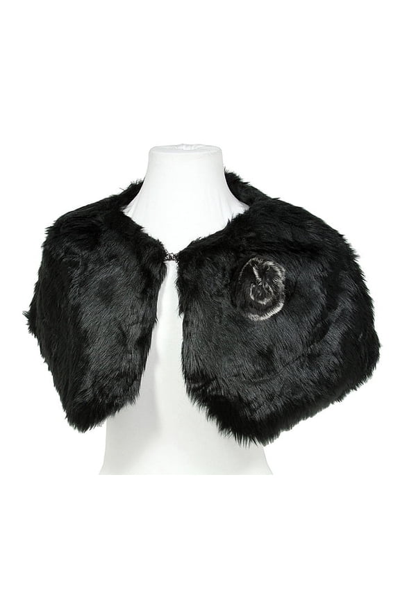 Scarf - Faux Fur W/Rabbit Fur Brooch - Black - SF-BF001BK