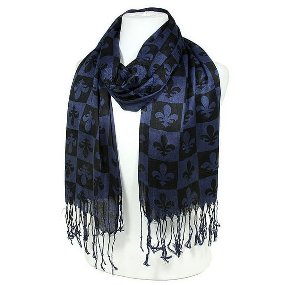 Scarf - Fleur De Lis In Checkers Print - Dark Blue Color (S1072) - SF-SHL1606DBL