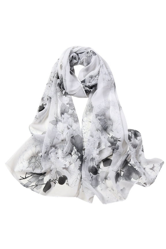 Scarf For Women Casual Gray Flower Print Long Soft Wrap Simulation Silk Shawl Scarves Scarf