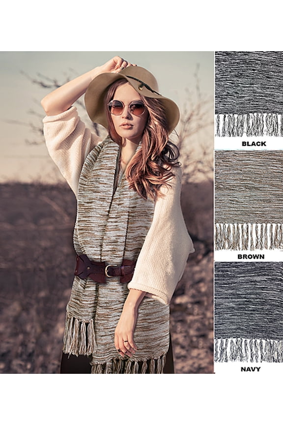 Scarf - Knitted Shawl/ Wrap with Fringes – Brown - SF-14KS-188