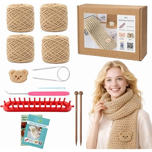Scarf Knitting Loom Kit for Beginners with Plush Yarn Khaki