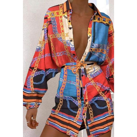 Scarf Print Button Design Long Sleeve Shirt Dress