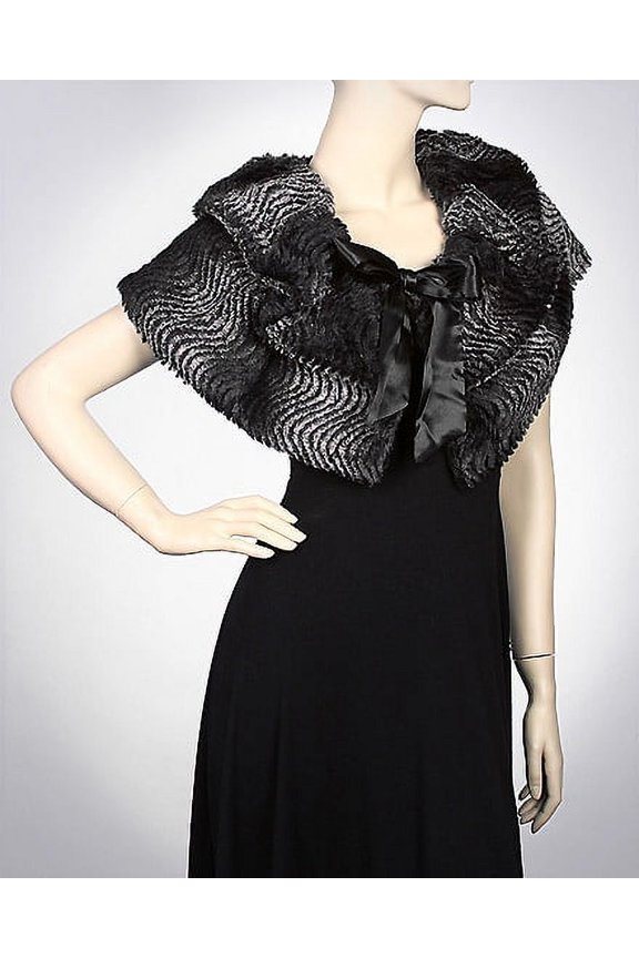 Scarf - Shawl / Wrap : Faux Fur Cpelet W/ Satin Bow - SF-FTCP3686BK