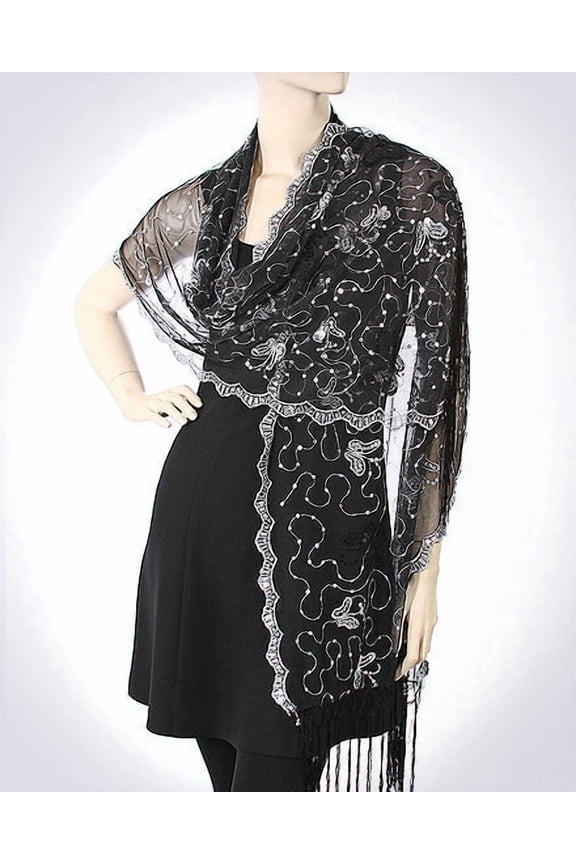 Scarf - Shawl / Wrap : Sequined Mesh Shawl - Butterfly - SF-MEST8333BKSL