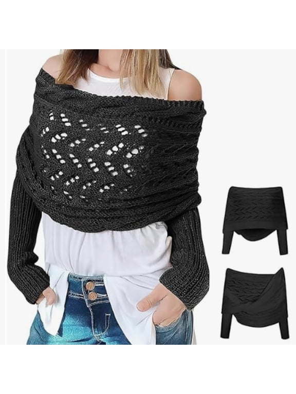 Scarf with Sleeves for Women,Wrap Sweater,1 Pcs Women's Shrugs,Knitted Double Sleeve Scarf,Knitted Cable Wrap,Women's Hollow Lengthening Scarf With Sleeve,Black