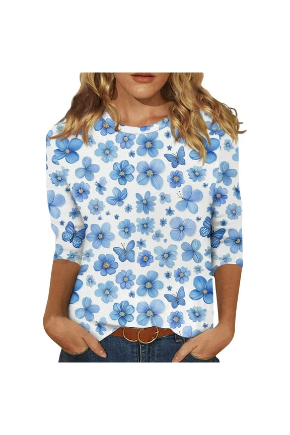 Scarf Tops For Women, 3/4 Sleeve Shirts Cute Print Graphic Tees Blouses Casual Plus Size Basic Tops Pullover Summer Women 2025 Denim Shirt Womens Tops Casual Tops Tunic (3XL, Royal Blue) ZMTing