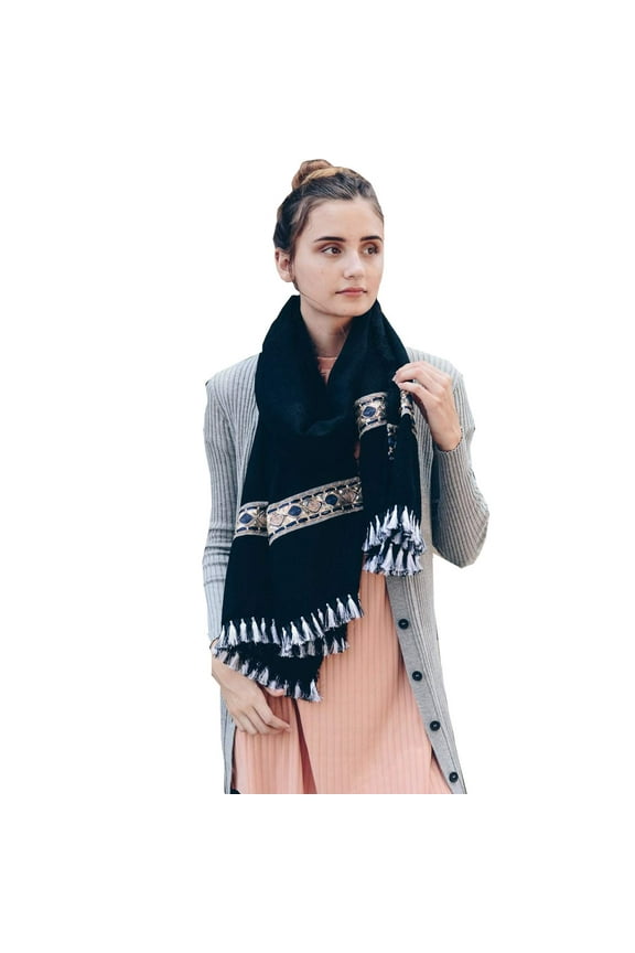 Scarf for Women, Bohemian Gypsy Glam Oblong Tassel Trim Scarf, Lightweight oversized Winter Fall Cozy Fashion Scarf (Black)