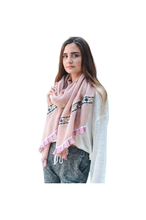 Scarf for Women, Bohemian Gypsy Glam Oblong Tassel Trim Scarf, Lightweight oversized Winter Fall Cozy Fashion Scarf (Pink)