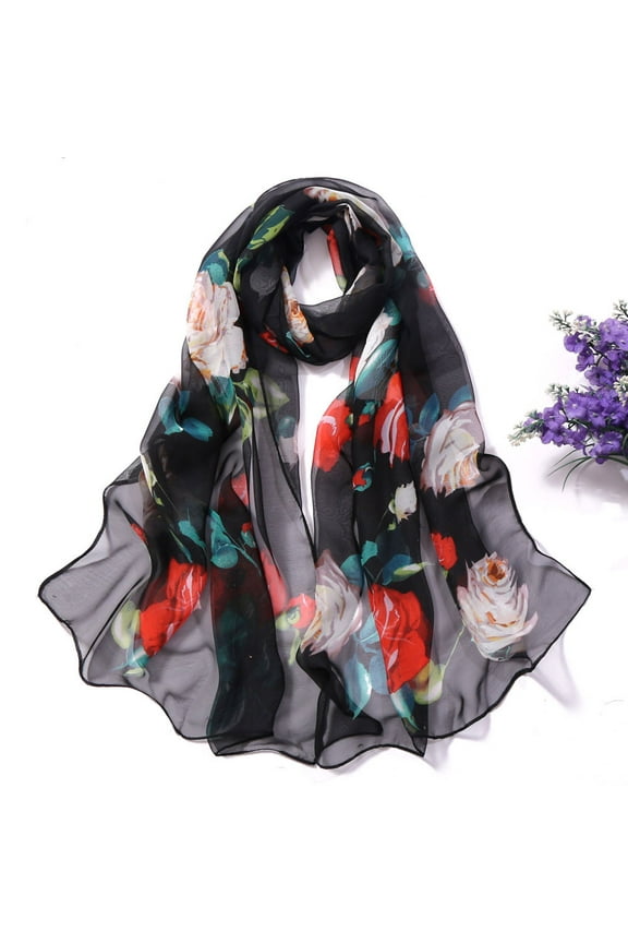 Scarf for Women Fashion Roses Printing Long Soft Wrap Scarf Simulation Silk Shawl Scarves Winter Fall Bandana