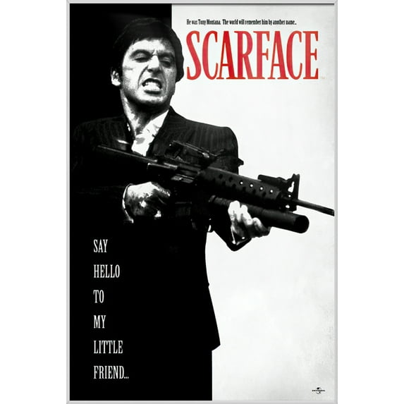 Scarface - Framed Movie Poster (Tony Montana - Say Hello To My Little Friend) (Size: 25" X 37") (Shiny White Aluminum Frame)