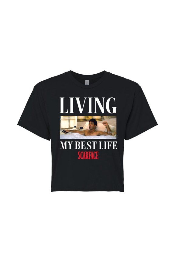 - Living My Best Life - Juniors Cropped Short Sleeve Graphic T-Shirt