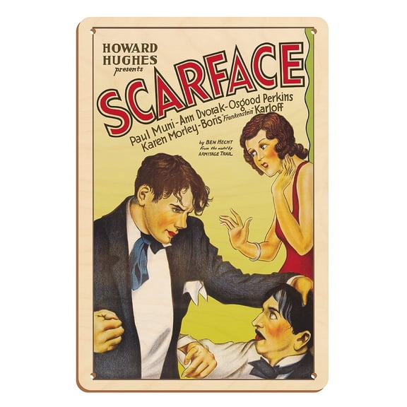 Scarface - Starring Paul Muni Boris Karloff - Vintage Film Movie Poster c.1932 - 8 x 12 inch Vintage Wood Art Sign