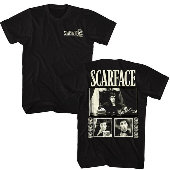 Scarface Three Photos W Roses Black Adult T-Shirt ***F&B*** Lt
