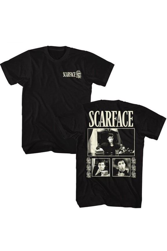 Scarface Three Photos W Roses Black Adult T-Shirt