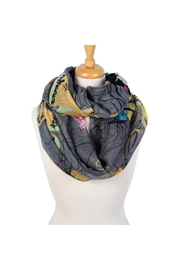 's Lightweight Butterfly Floral Print Infinity Fashion Scarf Head Wrap Shawl, Black