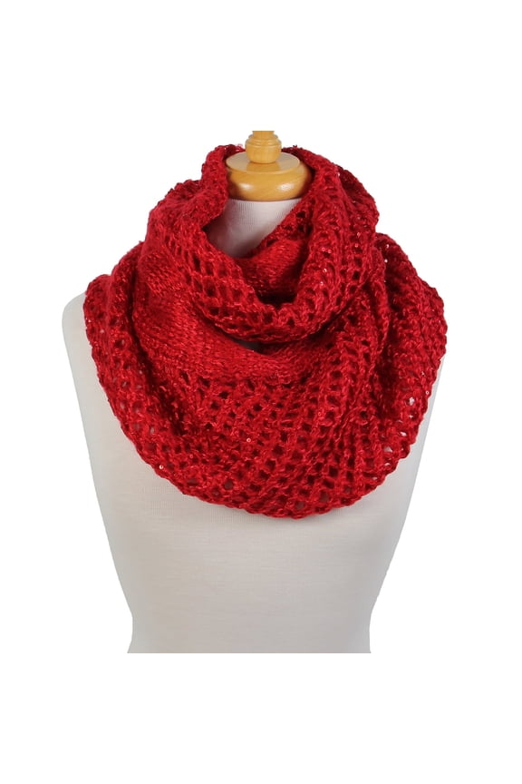 's Unisex Lightweight Mesh Knit Sequin Infinity Scarf, Shawl, Wrap, Red, 1-Piece