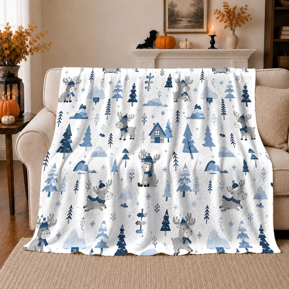Scarfed Gray Moose Among Trees And Snowy Cabins Print, Cool Blue Woodland Pattern for Moose Enthusiasts, Christmas Gift, Cozy Flannel Blanket with Home Decor for Living Room and Bedroom
