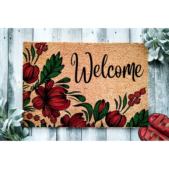 Scarlet Floral Welcome Door Mat | Red Flower Theme Doormat | Spring Decor | Housewarming Gift | Front Door Mat | Closing Gift From Realtor