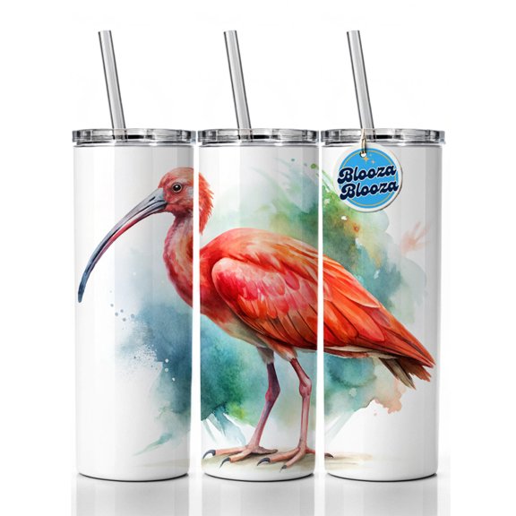 Scarlet Ibis Bird Watercolor 20oz Insulated Water Bottle Skinny Tumbler Includes Straw