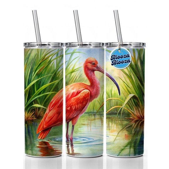 Scarlet Ibis In Marsh Bird Watercolor 20oz Insulated Water Bottle Skinny Tumbler Includes Straw